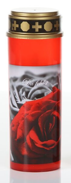 Schlaraffenland große LED Grabkerze mit Motiv, 21 cm hoch, Brenndauer von bis zu 200 Tagen, flackerlicht, Grablaterne Wind und Regenfest, Grablampe (Rose, Du fehlst, rot) (ABVK)